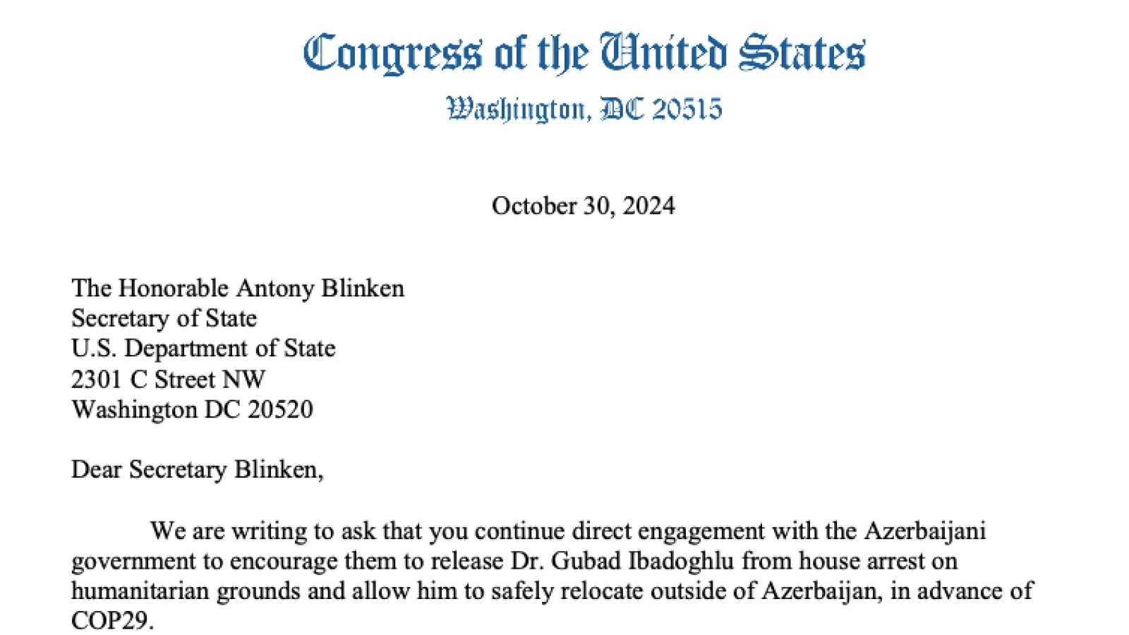 Key Bipartisan Lawmakers Urge Biden Admin To Safe Gubad Ibadoghlu’s Launch Forward Of COP29